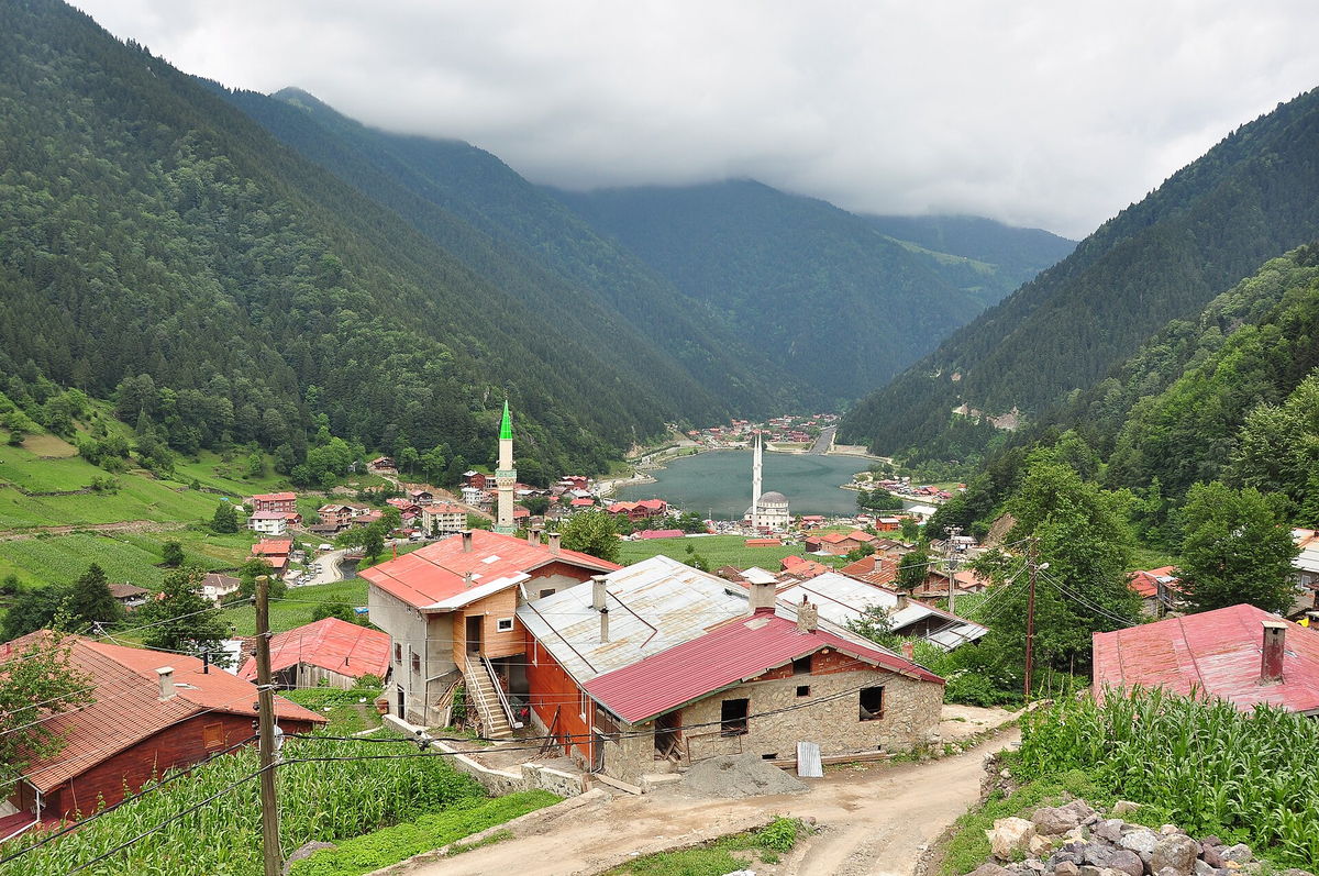 The lakeside mosque in its valley